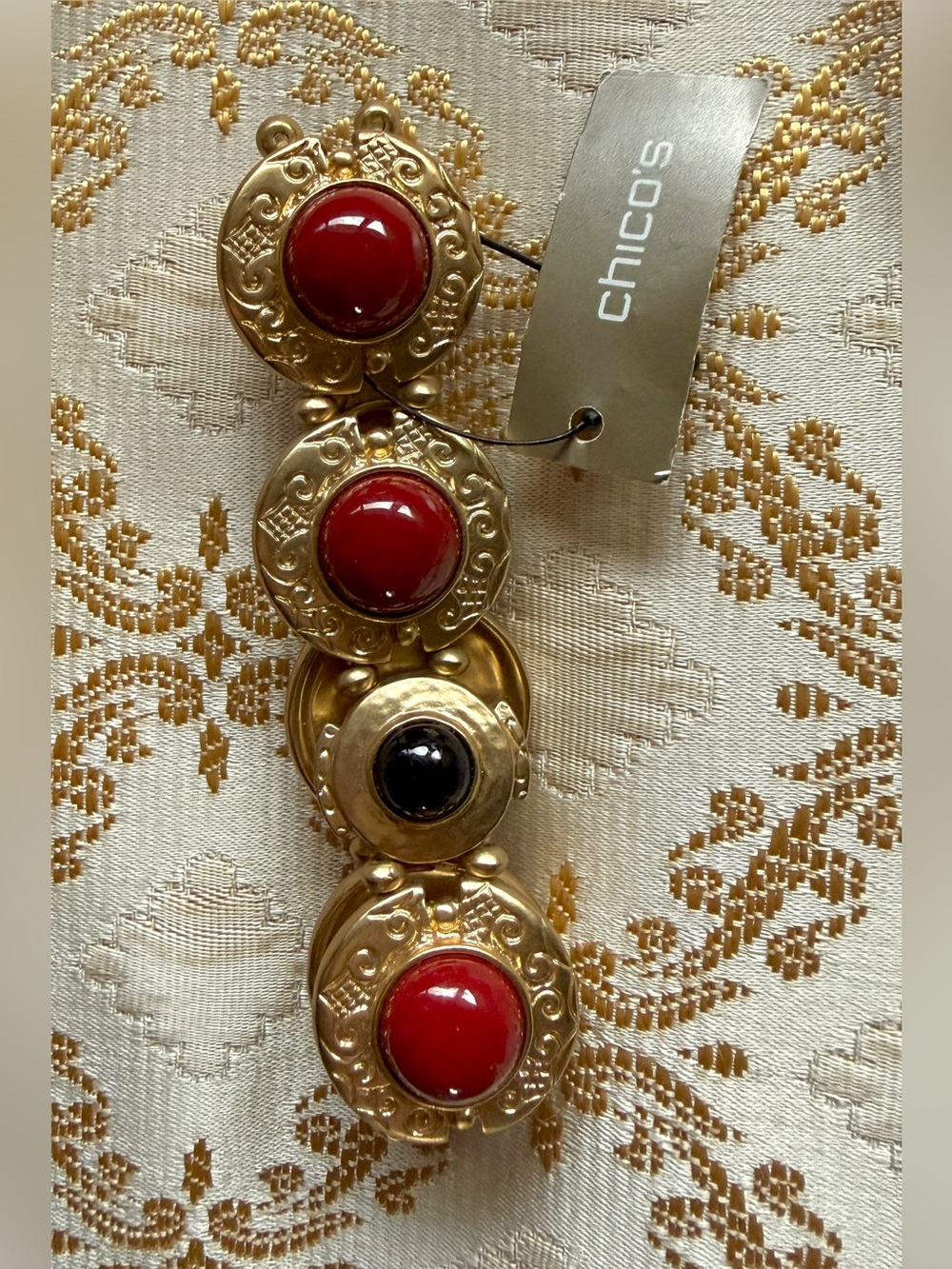 Chico's NWT Gold-Tone Fay Stretch Bracelet with Red and Black Cabochons Stack